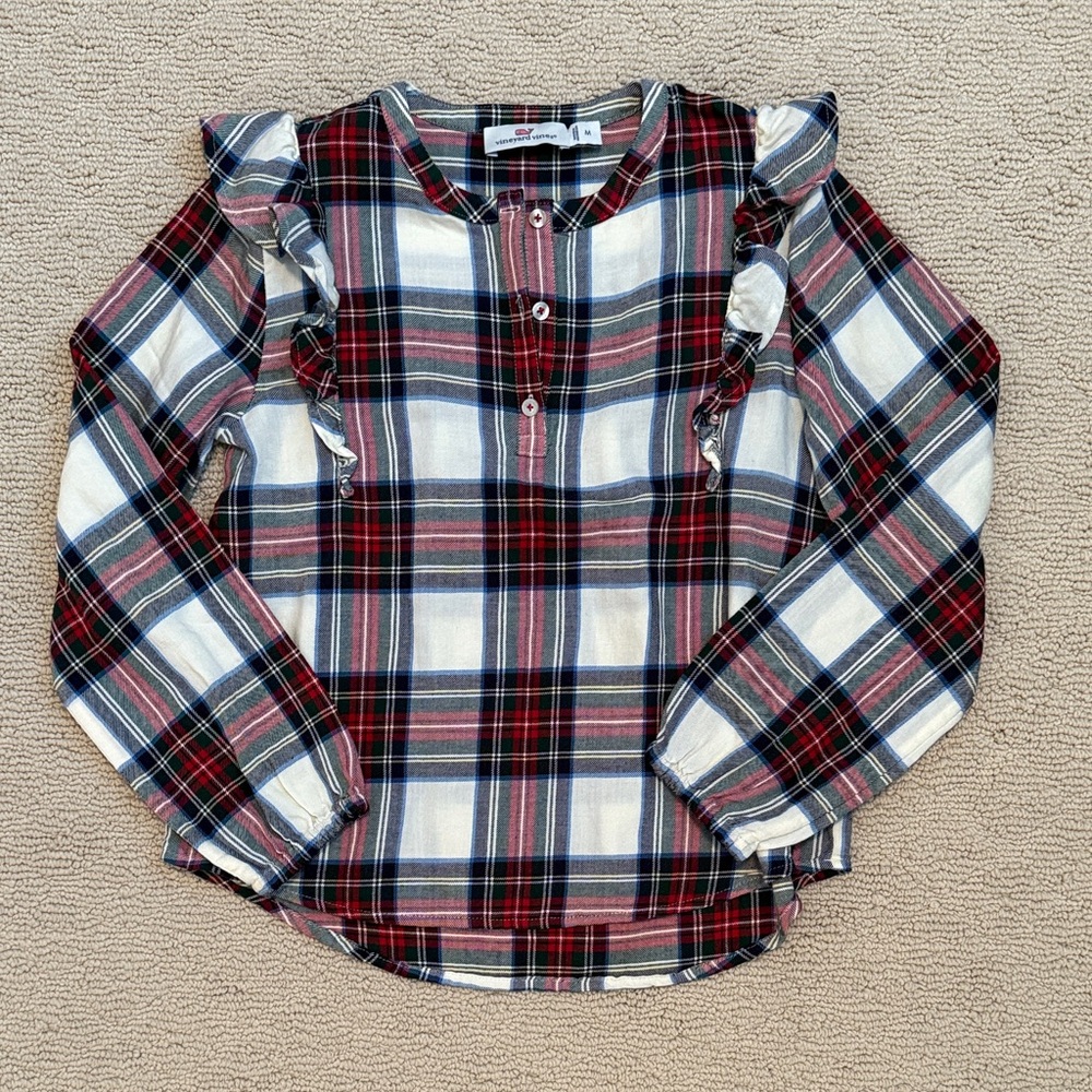 Vineyard Vines Girls Medium White Red Green Plaid Ruffle Long Sleeve Shirt